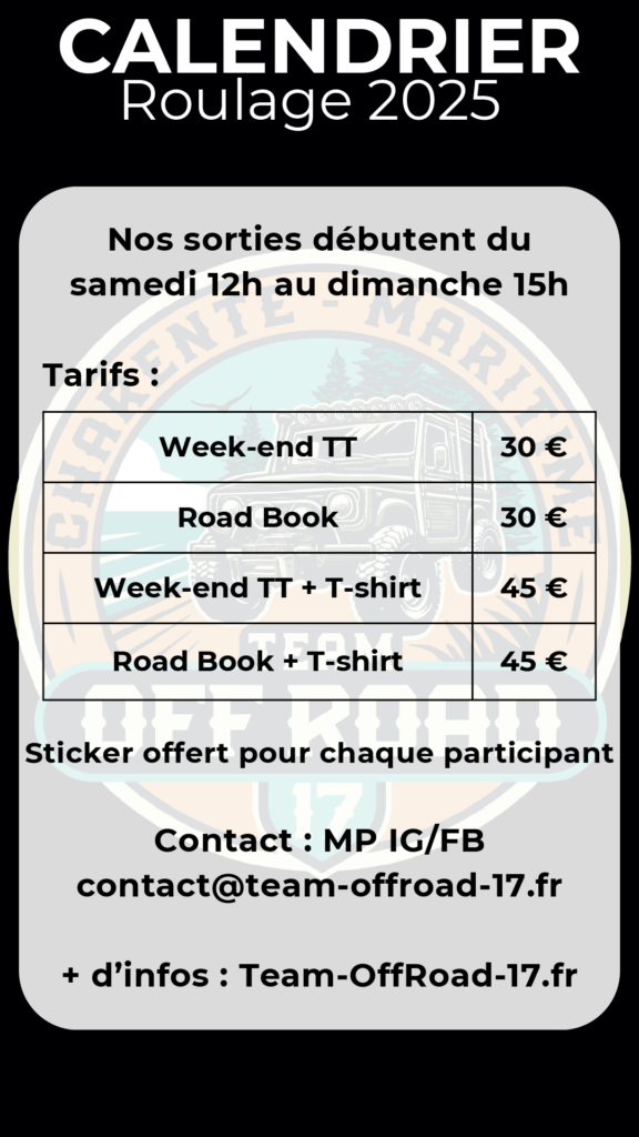 Calendrier Franchissement | 4x4 | Tout Terrain | Bivouac | Road Book - Charente Maritime 17